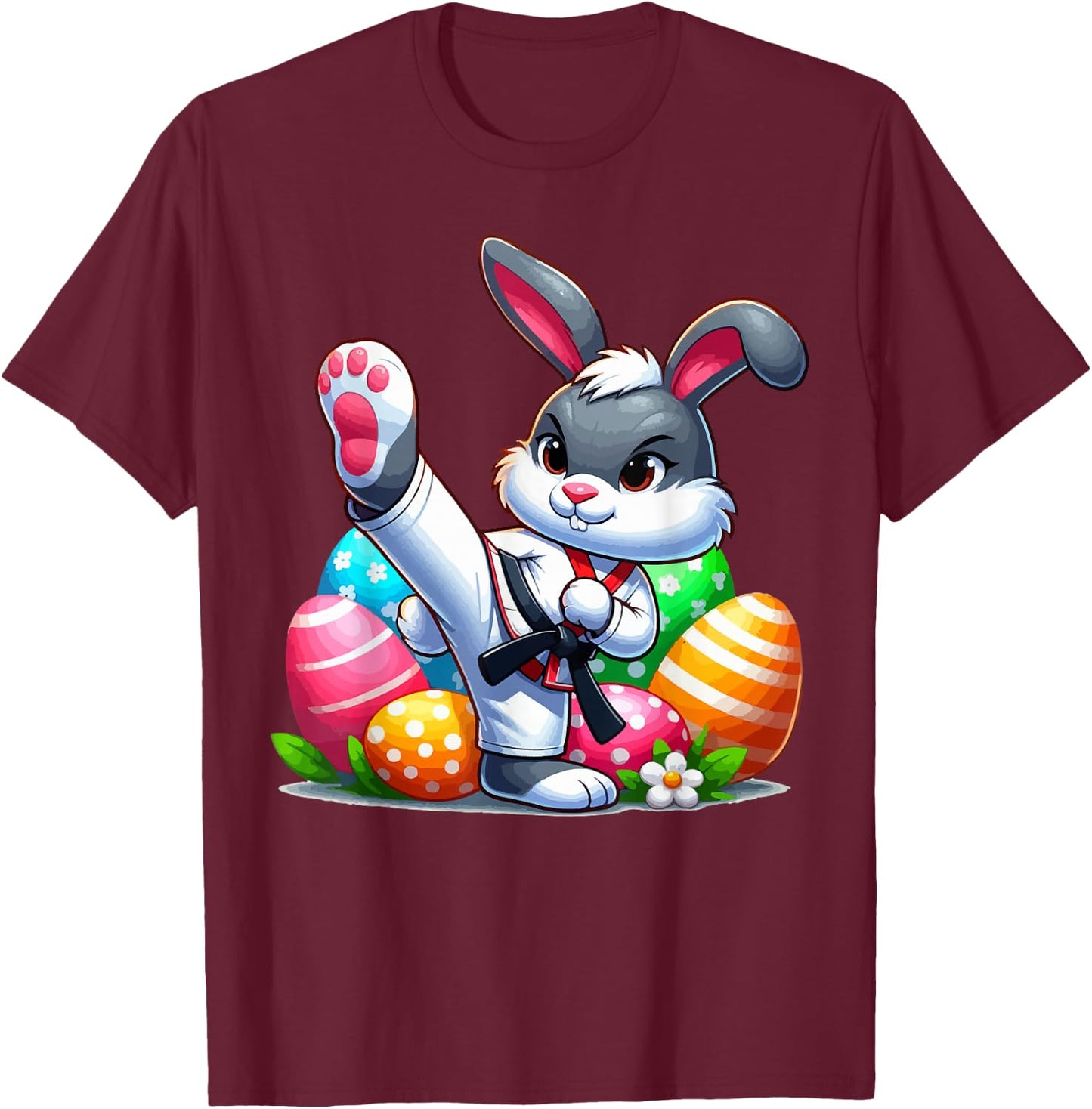 Karate Easter Bunny with a basket of eggs Easter Day Hunt T-Shirt - T-Shirt | Maroon