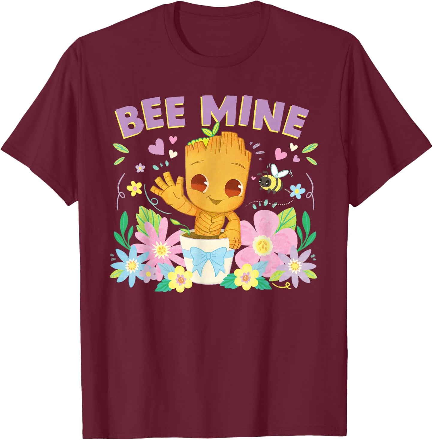 Marvel Valentine’s Day Spring Flower Garden Groot Bee Mine T-Shirt - T-Shirt | Maroon