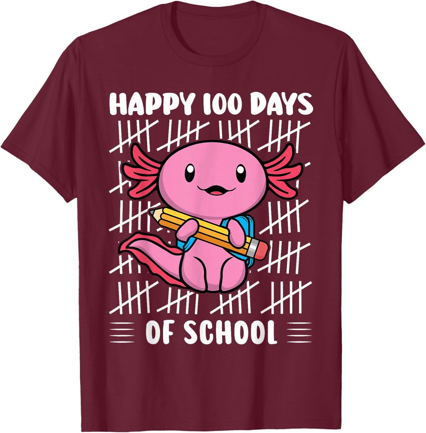 Happy 100 Days of School Cute Axolotl Kindergarten 100th Day T-Shirt - T-Shirt | Maroon