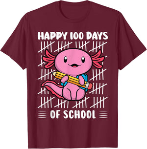 Happy 100 Days of School Cute Axolotl Kindergarten 100th Day T-Shirt - T-Shirt | Maroon