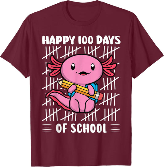 Happy 100 Days of School Cute Axolotl Kindergarten 100th Day T-Shirt - T-Shirt | Maroon