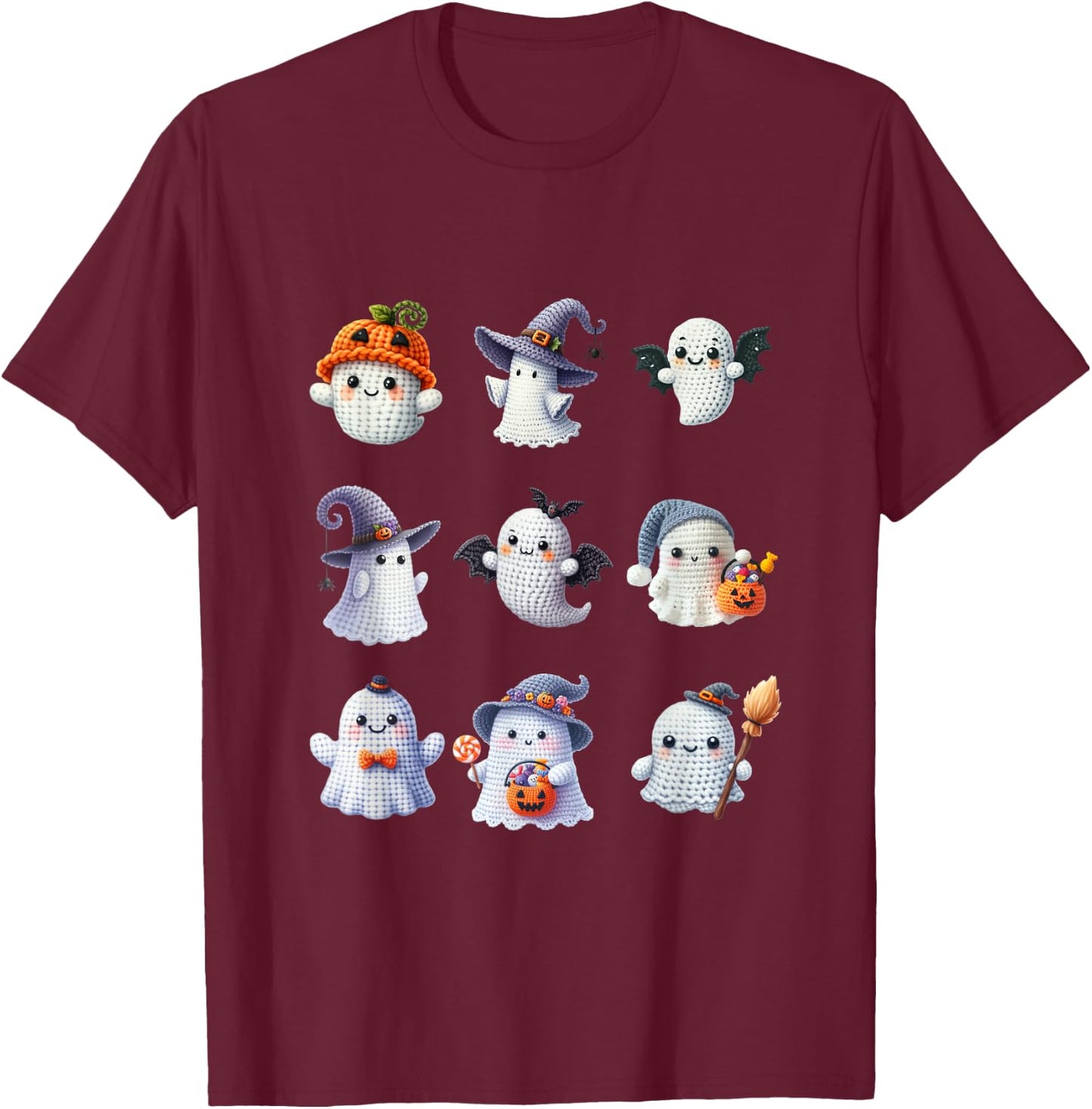 Halloween Crochet Lovers Cute Yarn Ghosts Knitter T-Shirt - T-Shirt | Maroon