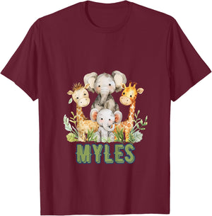 Kids MYLES First Name Safari Nursery Theme Elephant Giraffe Cute T-Shirt - T-Shirt | Maroon