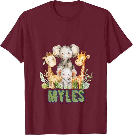 Kids MYLES First Name Safari Nursery Theme Elephant Giraffe Cute T-Shirt - T-Shirt | Maroon