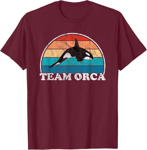 Team Orca - Whale Orcas Sea Ocean Retro Sunset Distressed T-Shirt - T-Shirt | Maroon