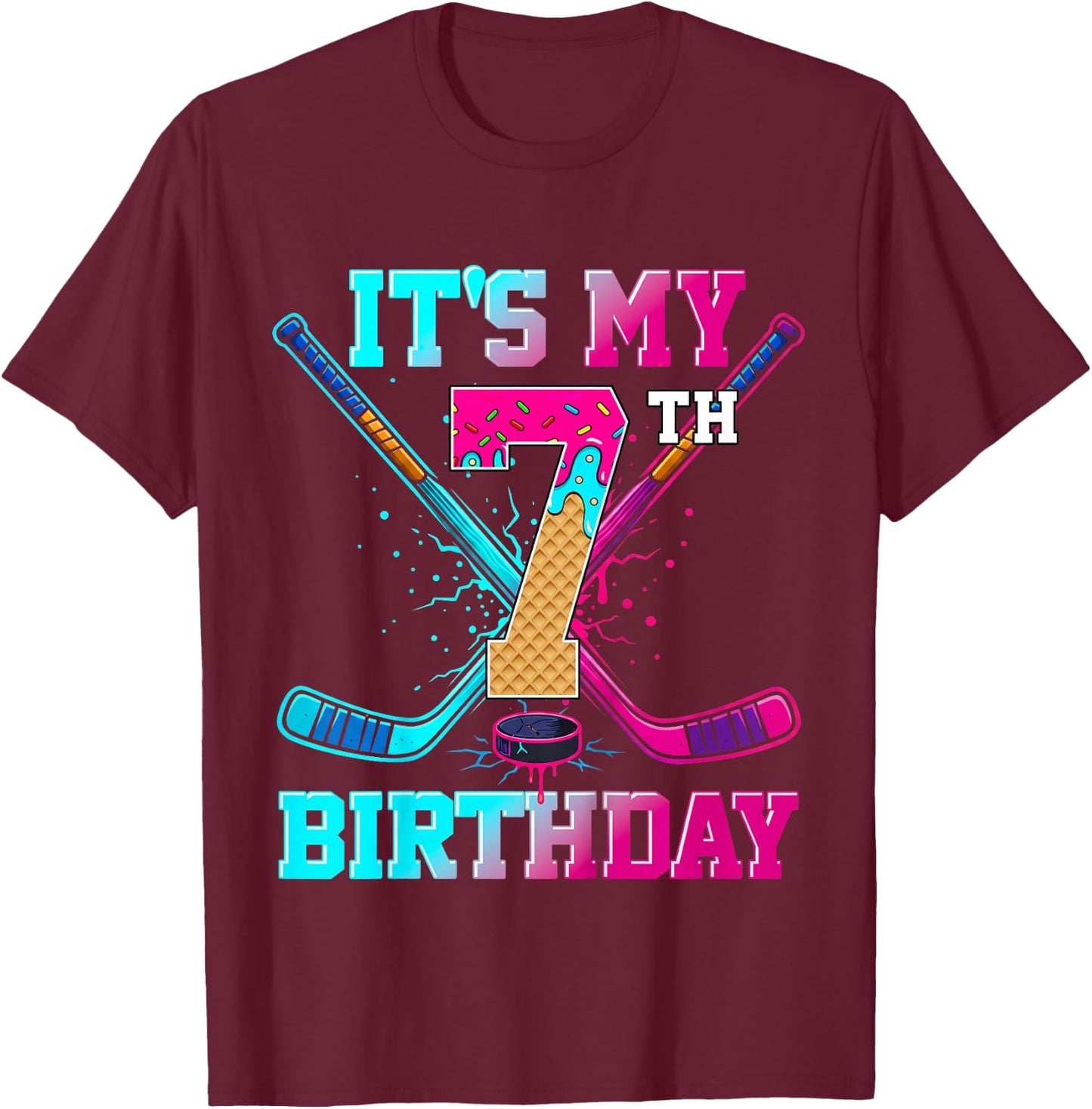 Hockey Ice Cream Drip It's My 7th Birthday Player Birthday T-Shirt - T-Shirt | Maroon