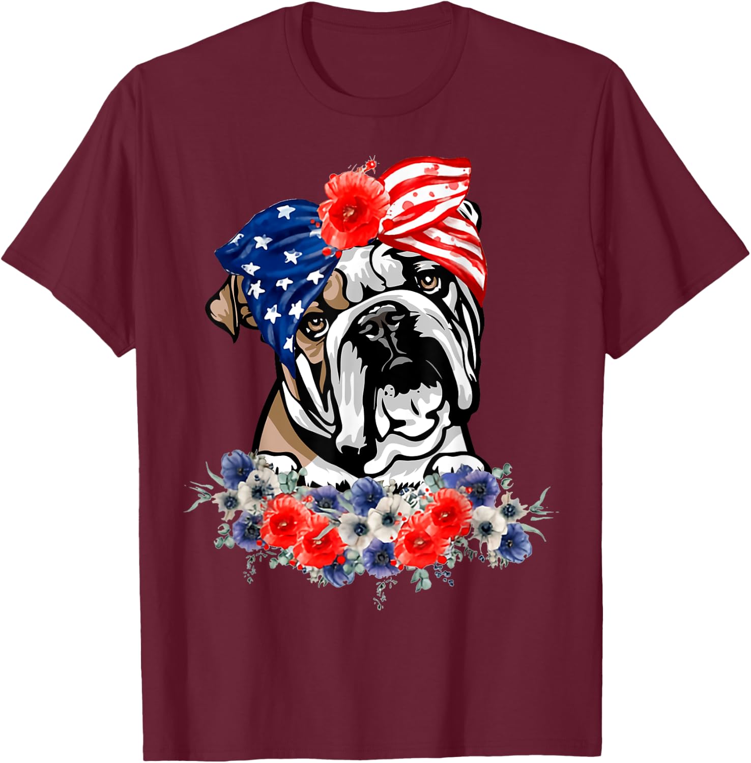 English Bulldog Dog American Flag Patriotic 4th Of July T-Shirt - T-Shirt | Maroon