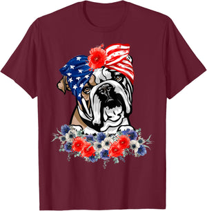 English Bulldog Dog American Flag Patriotic 4th Of July T-Shirt - T-Shirt | Maroon