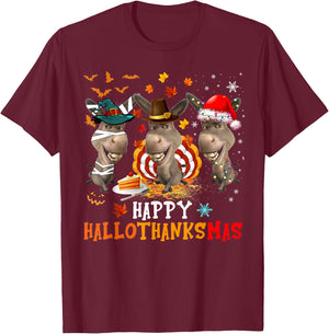 Happy HalloThanksMas Cute Santa Witch Turkey Donkey Farmer T-Shirt - T-Shirt | Maroon
