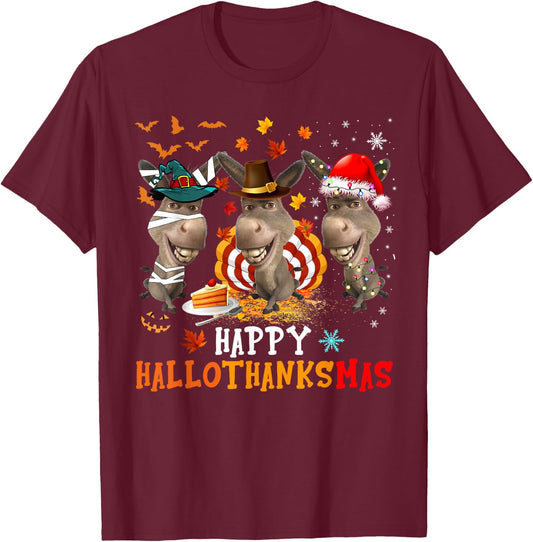 Happy HalloThanksMas Cute Santa Witch Turkey Donkey Farmer T-Shirt - T-Shirt | Maroon