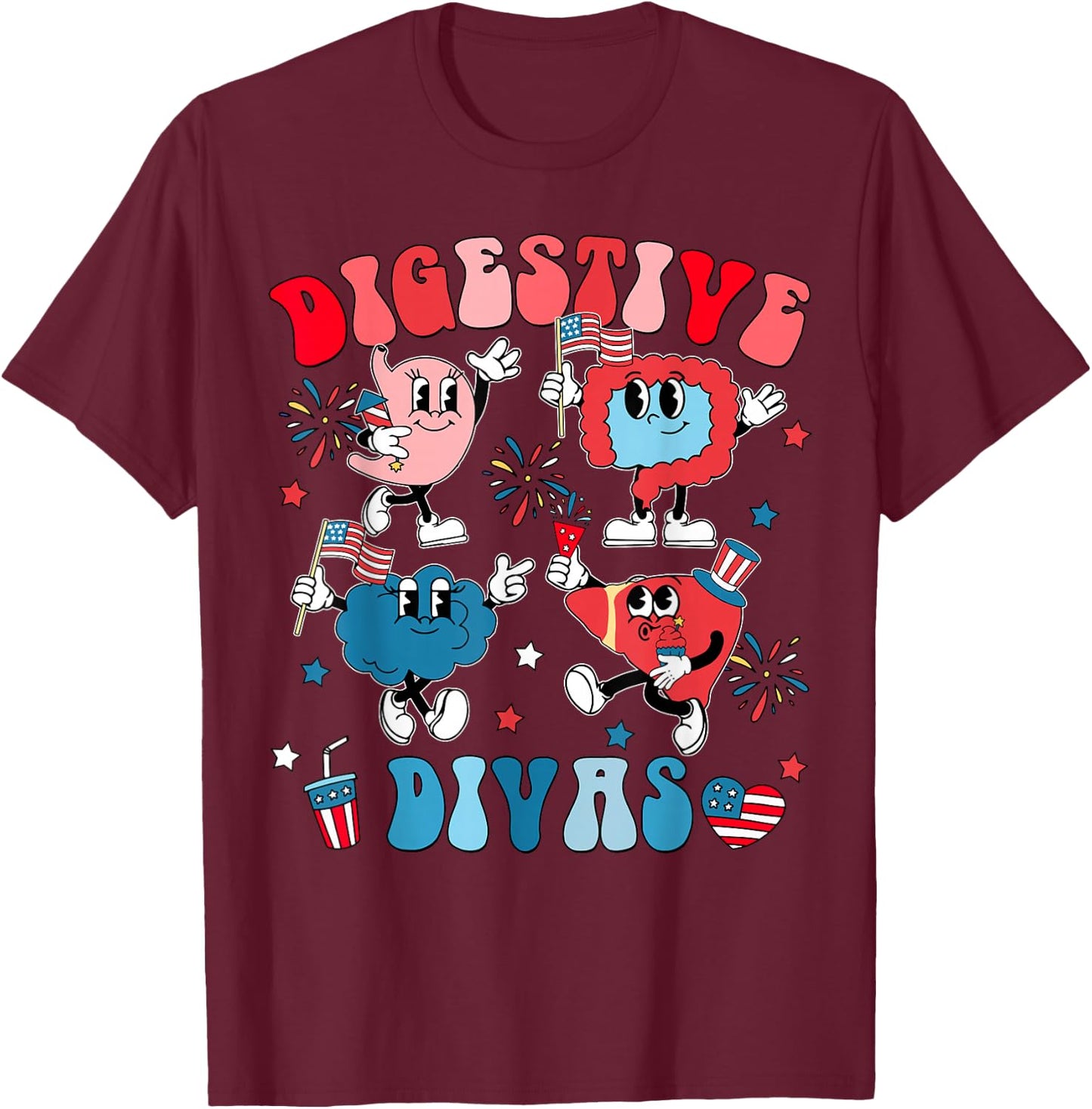 Digestive Divas Independence Day Patriotic Gastro Crew T-Shirt - T-Shirt | Maroon