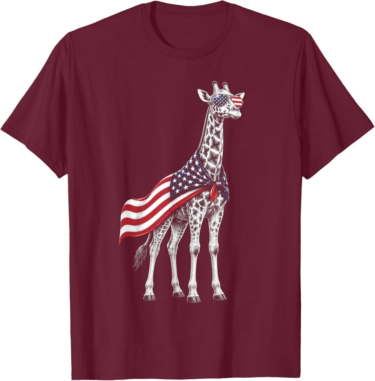 Giraffe 4th of July US American Flag Patriotic Safari Animal T-Shirt - T-Shirt | Maroon