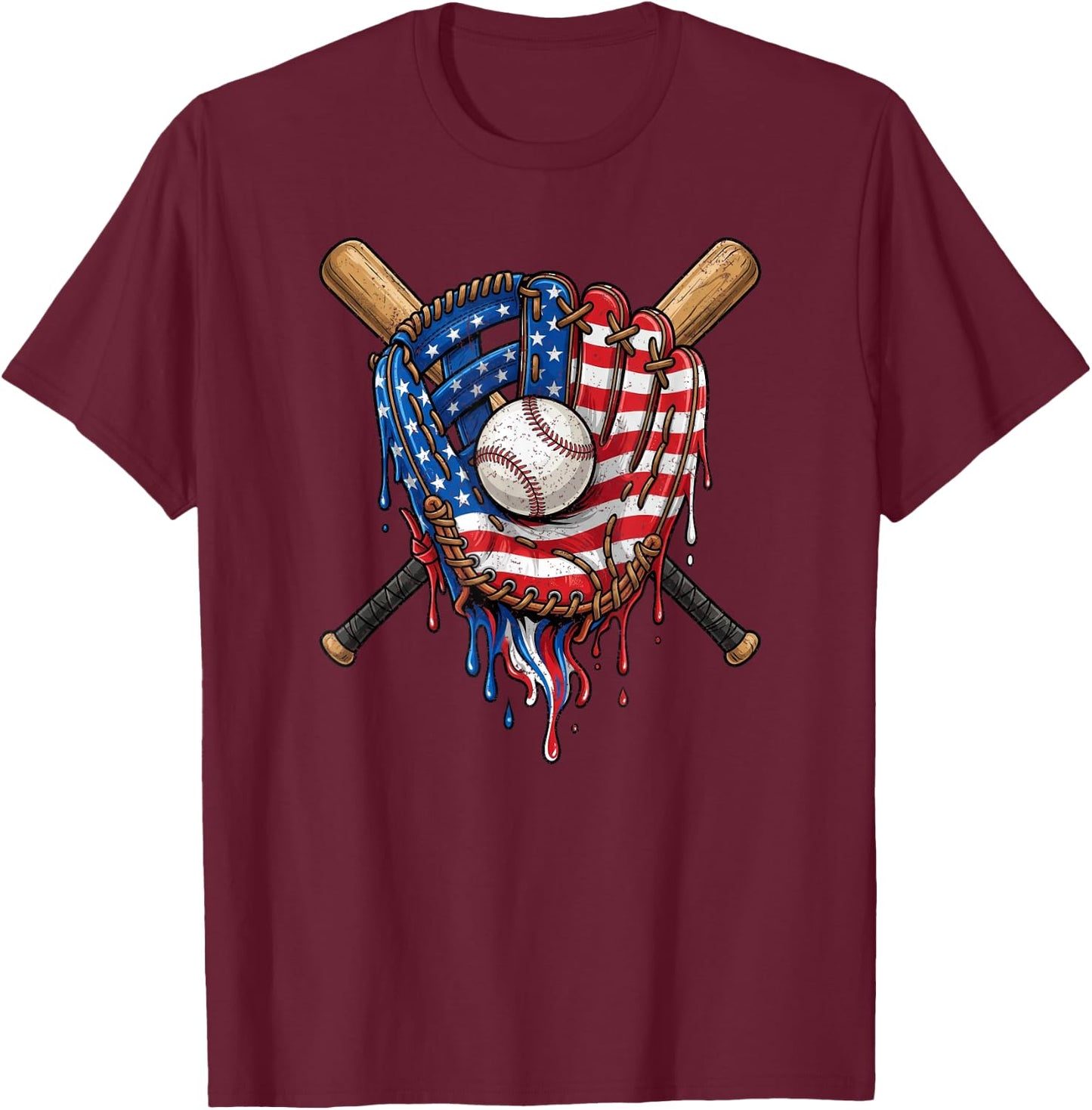 American Flag Baseball Glove Drip T-Shirt - T-Shirt | Maroon