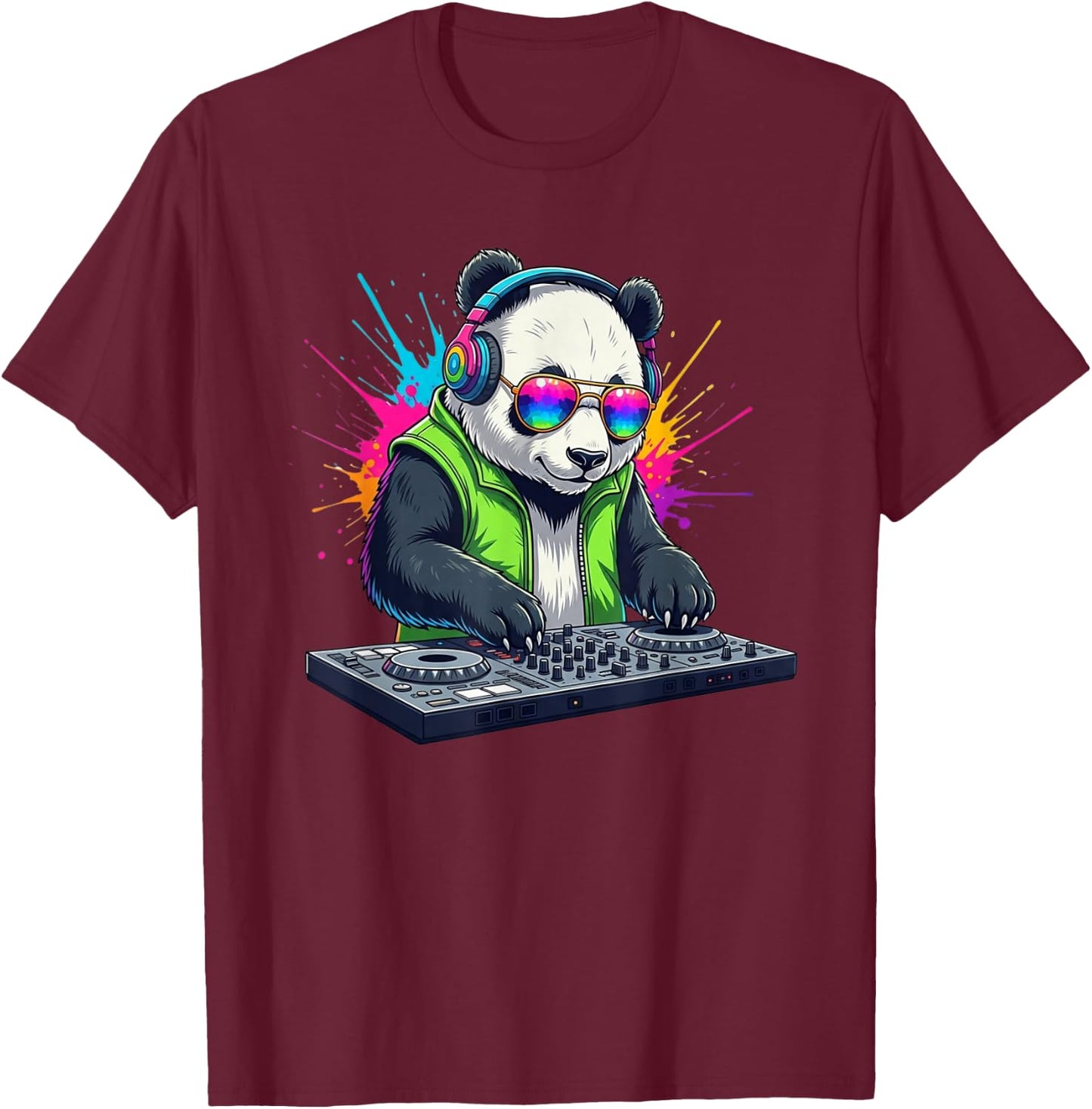 Rainbow DJ Panda with Sunglasses Headphones EDM Music Funny T-Shirt - T-Shirt | Maroon