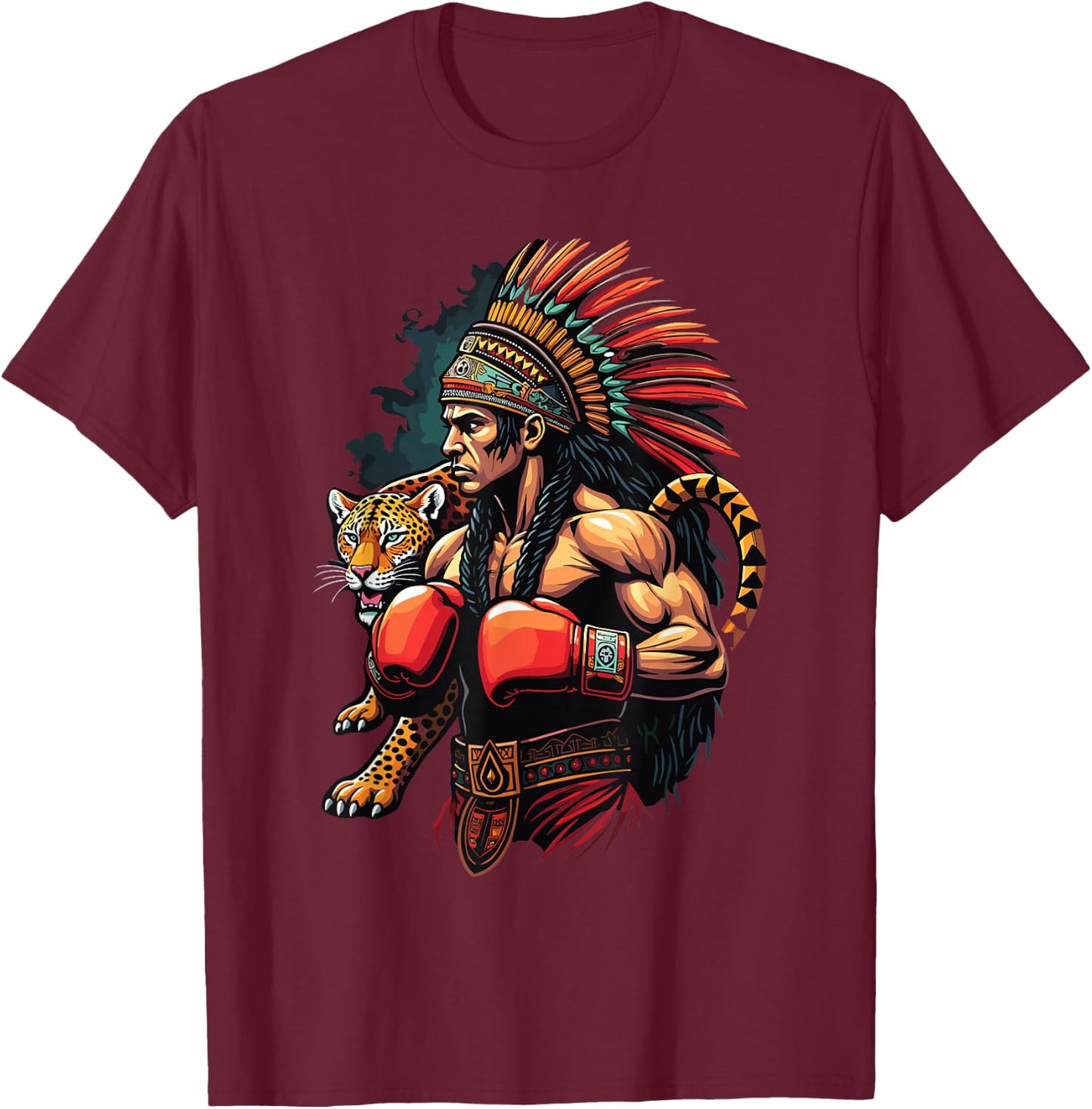Mexican Boxing Inca Warrior with Jaguar Spirit T-Shirt - T-Shirt | Maroon
