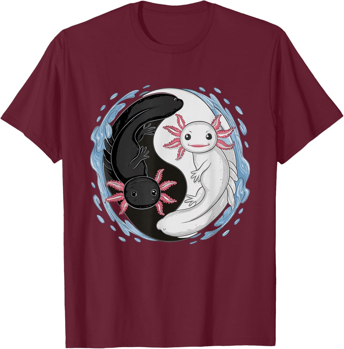Cute Kawaii Axolotl Yin Yang T-Shirt - T-Shirt | Maroon