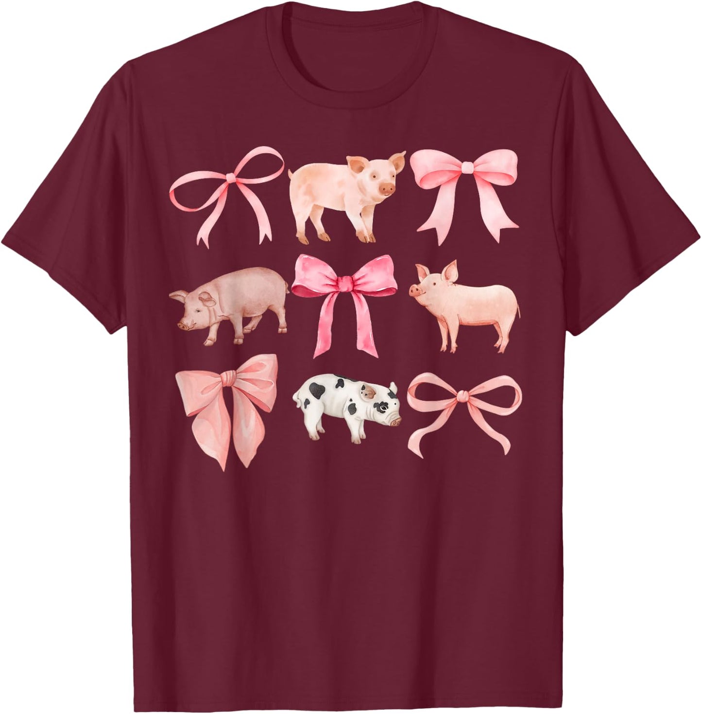 Coquette Pigs, Pigs and Bows, Watercolor, Yorkshires T-Shirt - T-Shirt | Maroon