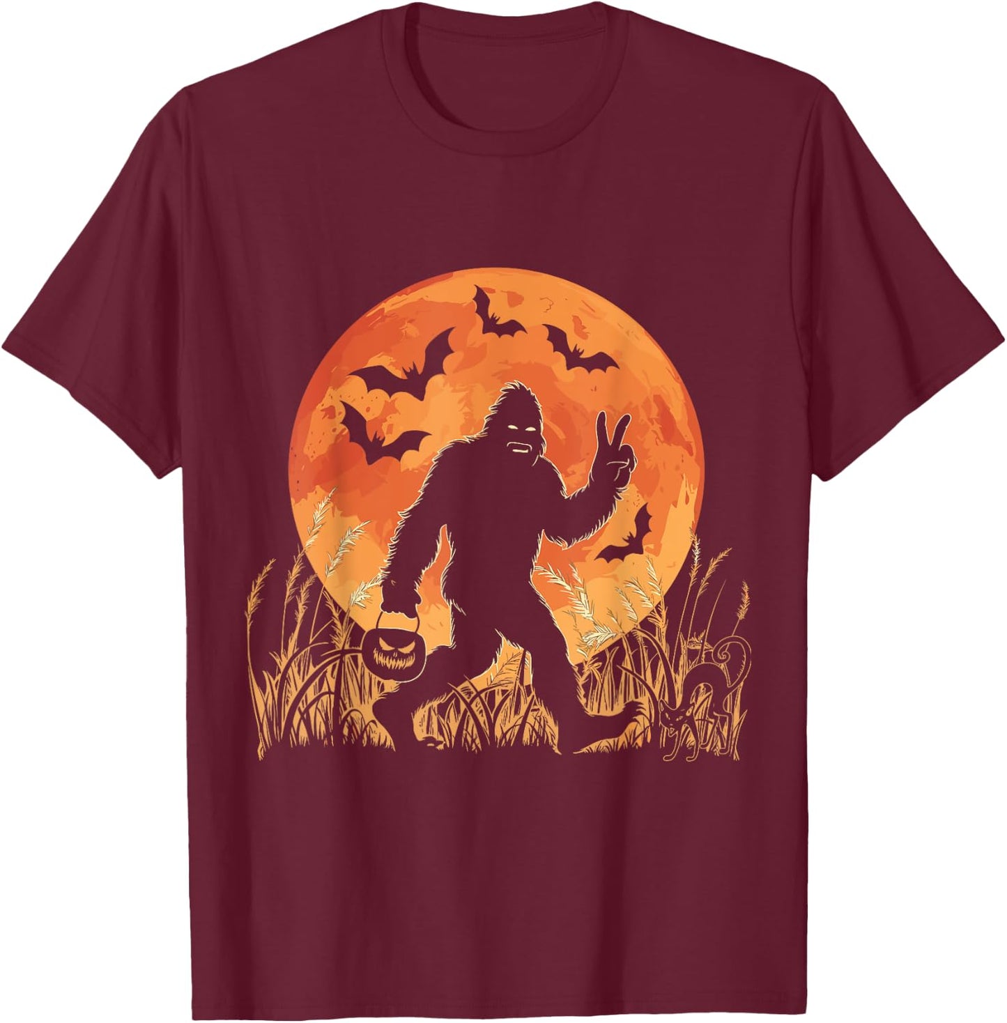 Vintage Bigfoot Pumpkin Halloween Moon Silhouette Sasquatch T-Shirt - T-Shirt | Maroon