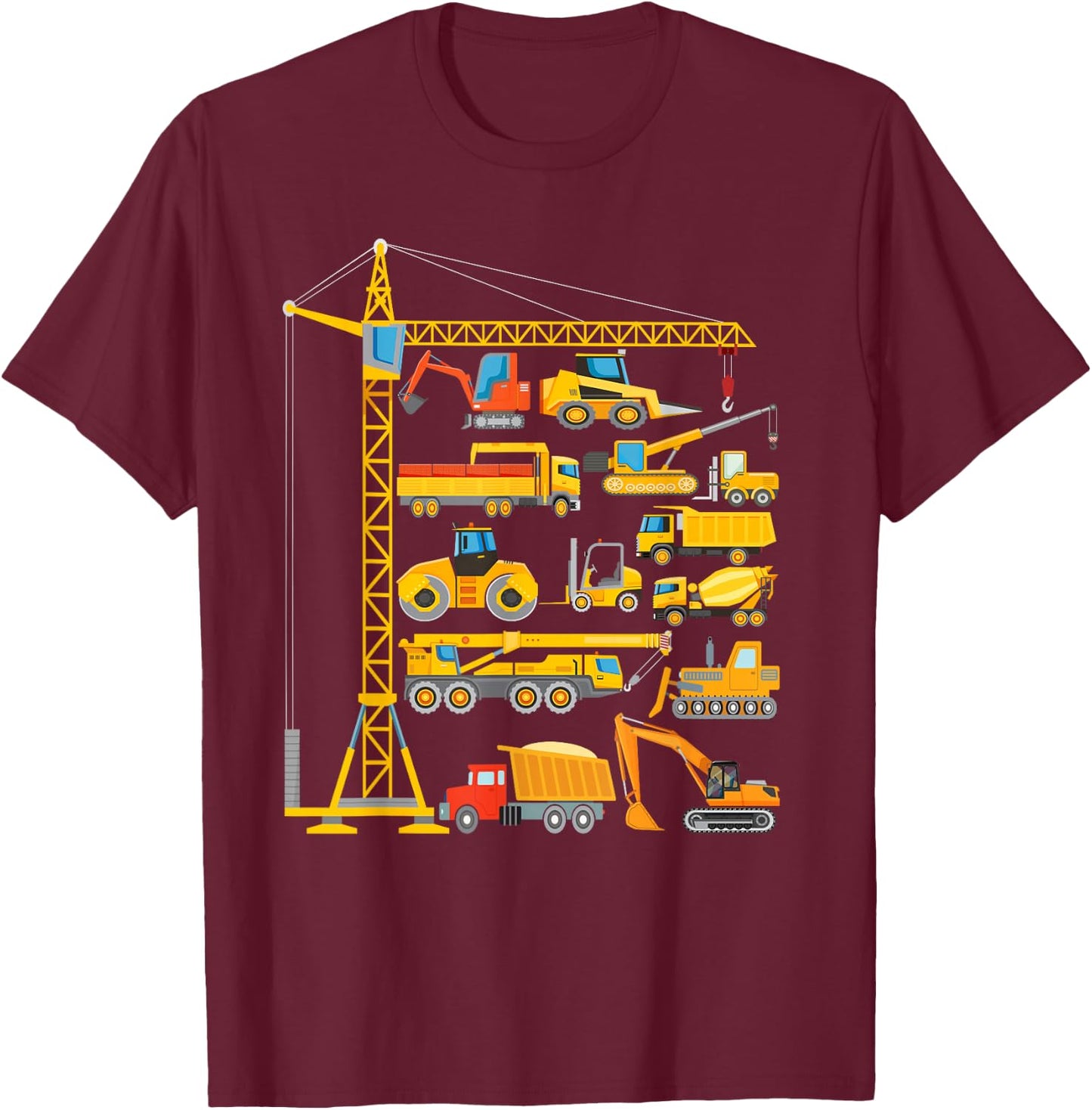 Construction vehicles, excavator, bulldozer for children, , black, s T-Shirt - T-Shirt | Maroon