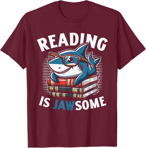 Reading Is Jawsome Shark Books Bookworm Reader T-Shirt - T-Shirt | Maroon