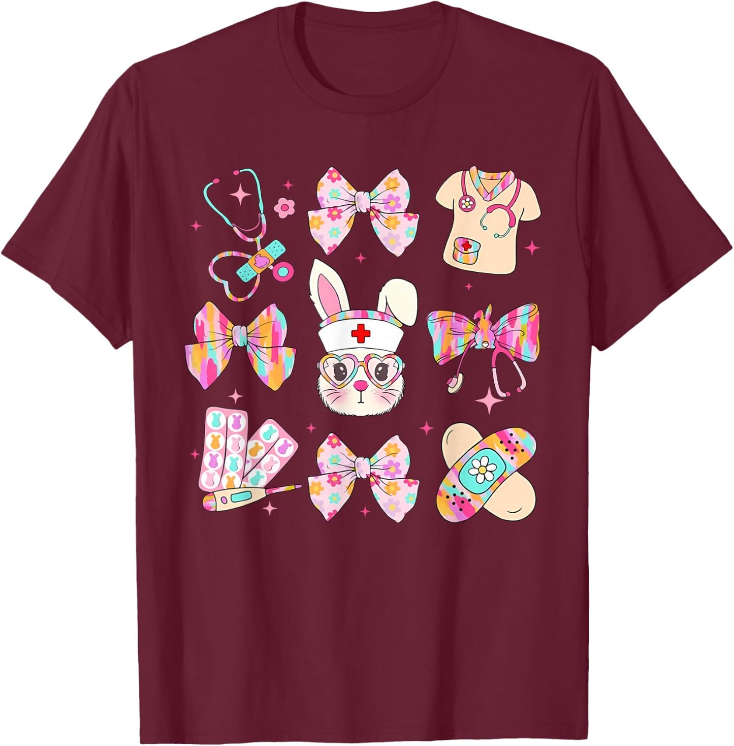 Easter Nurse Coquette Bow Happy Easter Bunny School Women T-Shirt - T-Shirt | Maroon