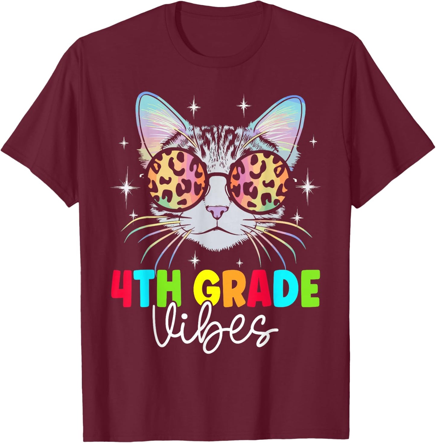 Fourth 4th Grade Vibes Back to School Cat Lover Leopard T-Shirt - T-Shirt | Maroon
