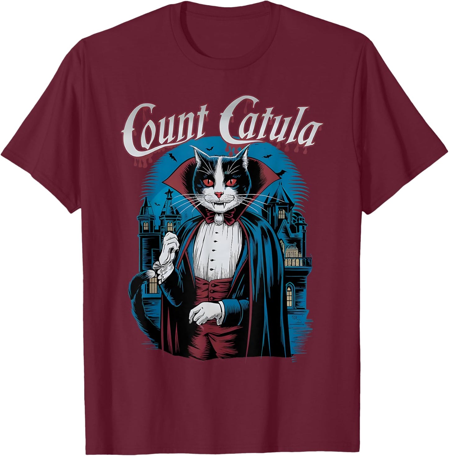 Count Catula Dracula Spooky Horror Vampire Cat Halloween T-Shirt - T-Shirt | Maroon