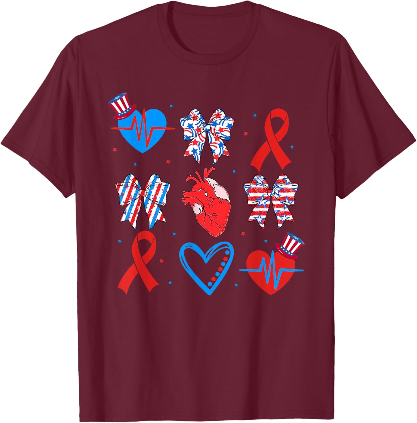 Coquette Red White & Blue Bows Cardiac Nurse July 4th T-Shirt - T-Shirt | Maroon