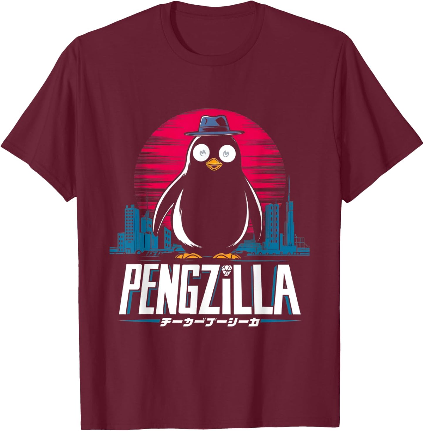 Pengzilla Penguin Japanese Art Funny Penguin T-Shirt - T-Shirt | Maroon