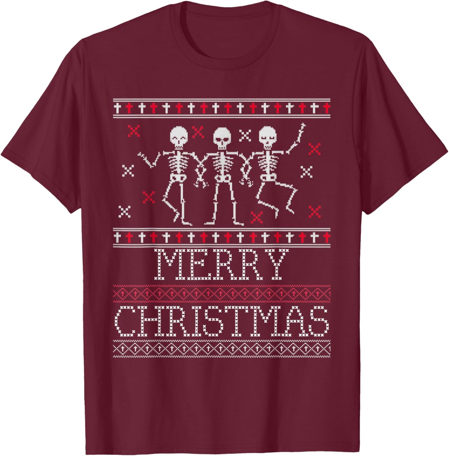 Xmas Ugly Sweater Goth Spooky Dancing Skeleton Christmas T-Shirt - T-Shirt | Maroon