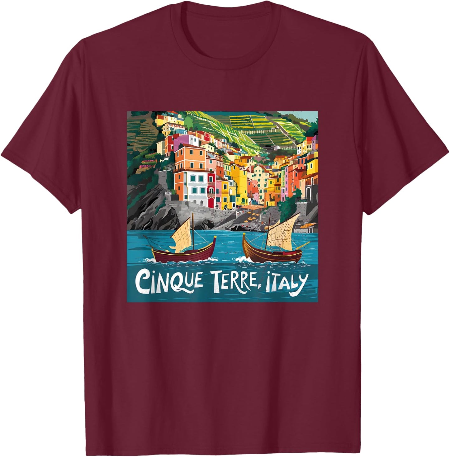 Cinque Terre Italy , Black, S T-Shirt - T-Shirt | Maroon