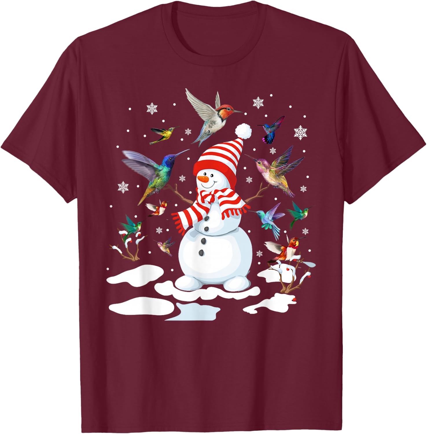 Hummingbirds Snowman Funny Christmas Animal Bird Lovers T-Shirt - T-Shirt | Maroon