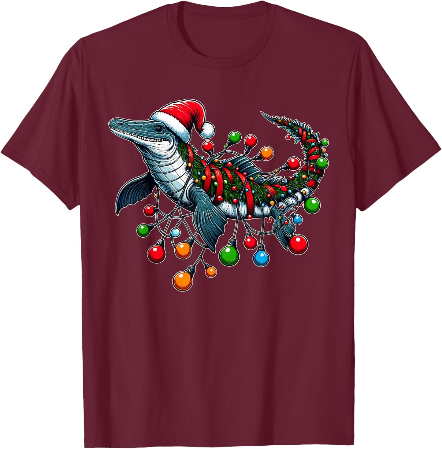 Mosasaurus Dinosaur Christmas Hat Xmas T-Shirt - T-Shirt | Maroon