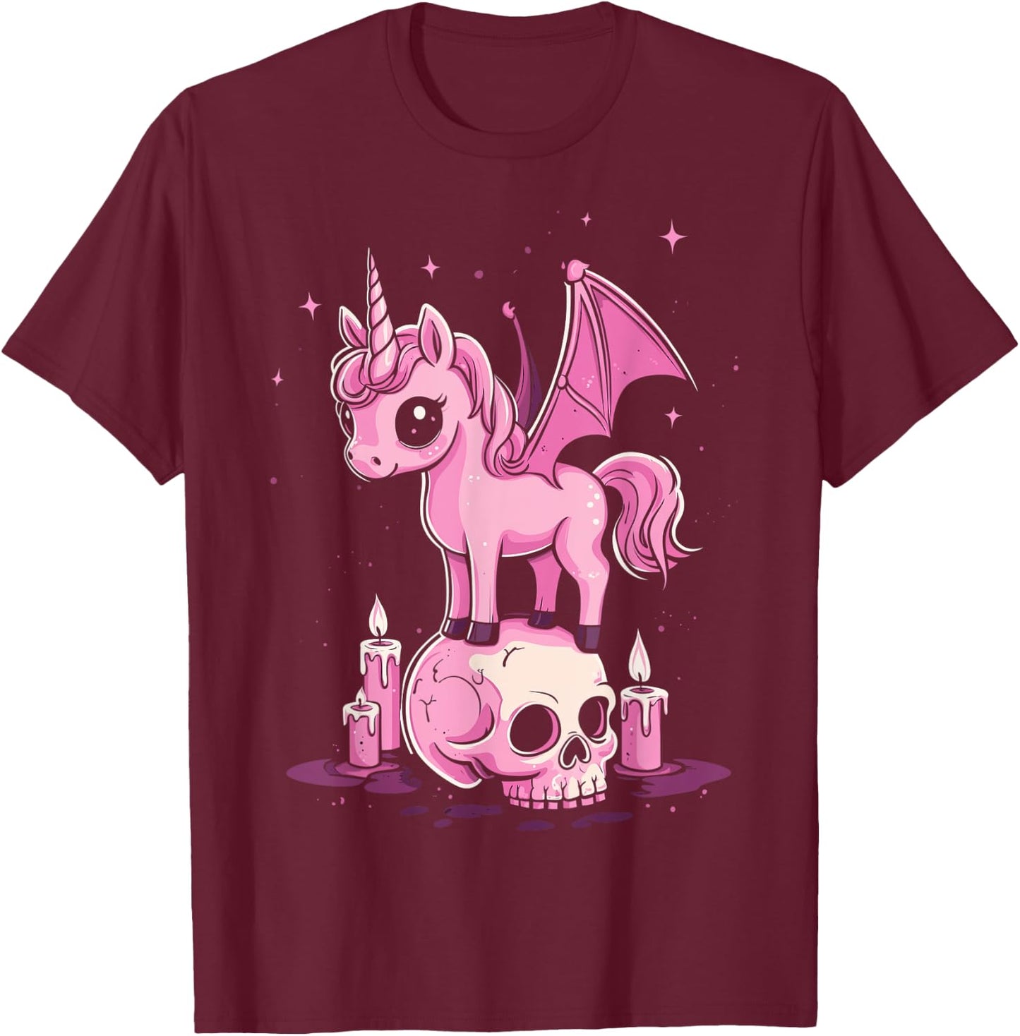 Kaiju Cute Kawaii Unicorn Pink Pastel Goth Aesthetic Skull T-Shirt - T-Shirt | Maroon