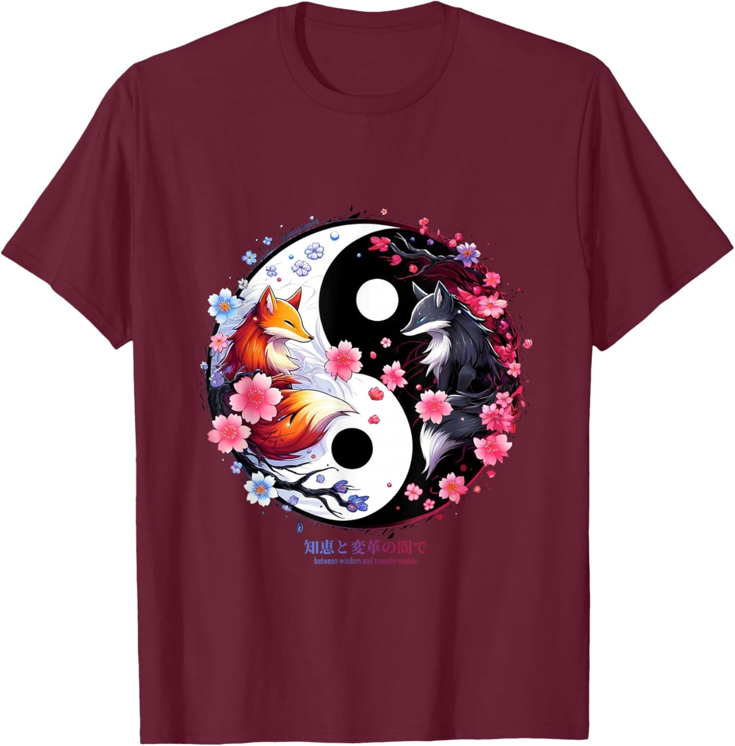 Kitsune Sakura Flower Blossom in Ying Yang Style Aesthetic , Black, S T-Shirt - T-Shirt | Maroon