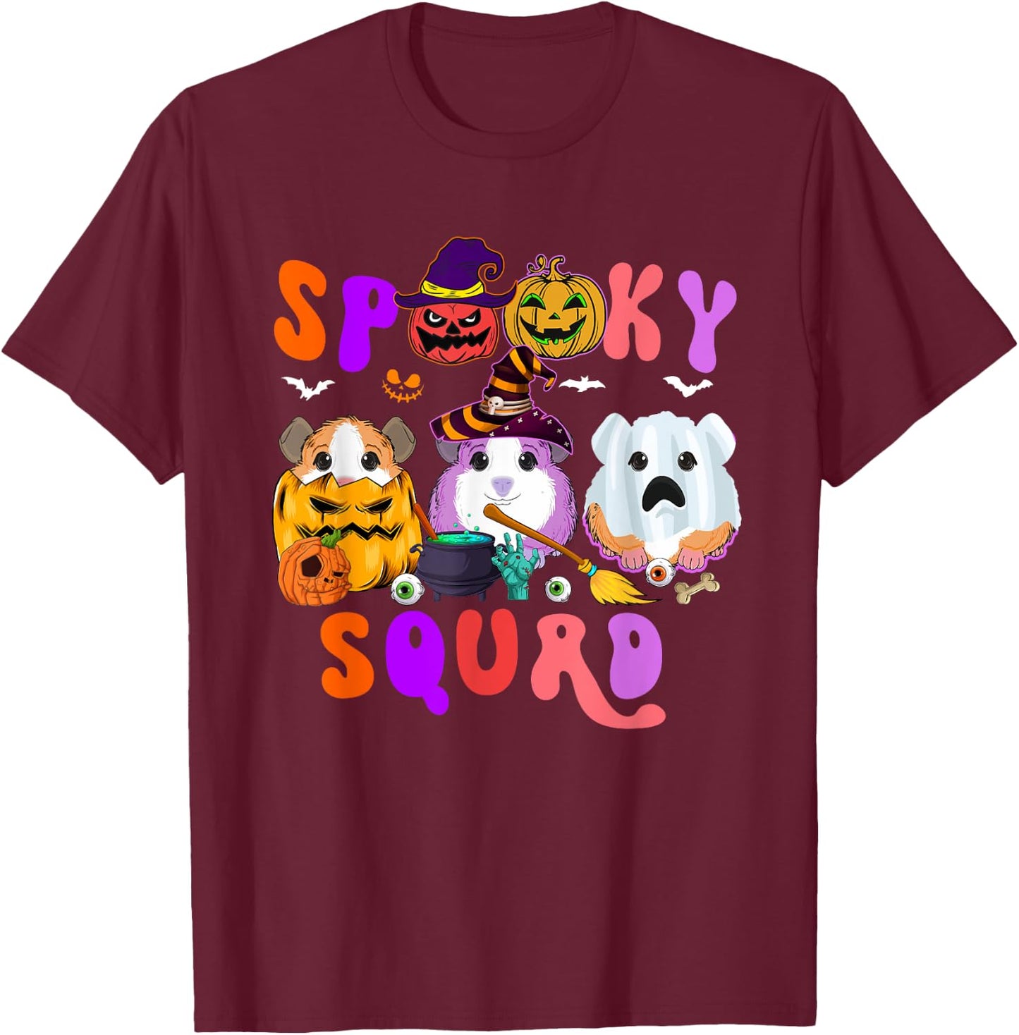 Spooky Squad Three Halloween Guinea Pigs As Witch Boo T-Shirt - T-Shirt | Maroon