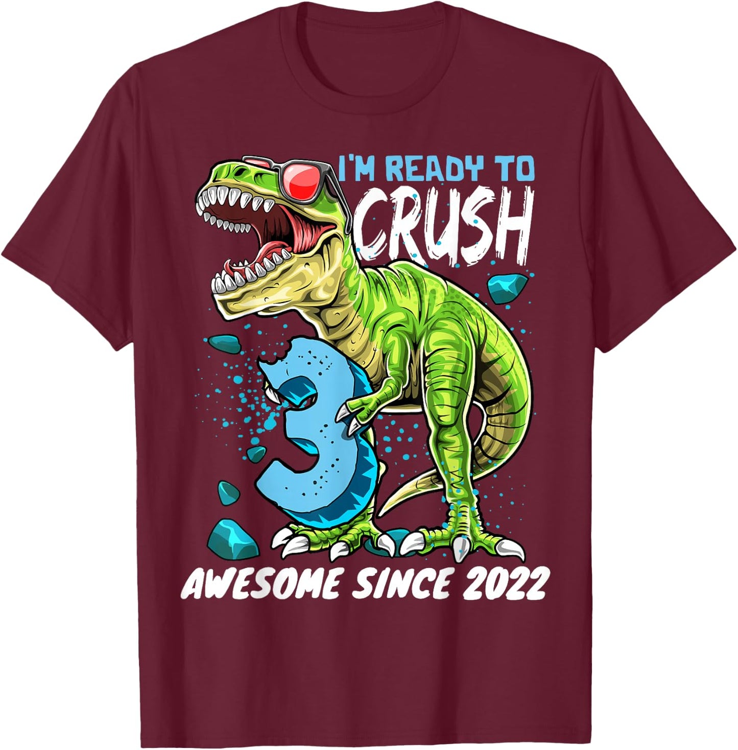 3rd Birthday T Rex Dinosaur Party Boys Rawr I'm 3 T-Shirt - T-Shirt | Maroon