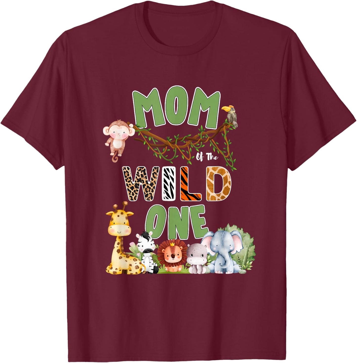 Mom of The Wild One 1st Birthday Safari Family T-Shirt - T-Shirt | Maroon