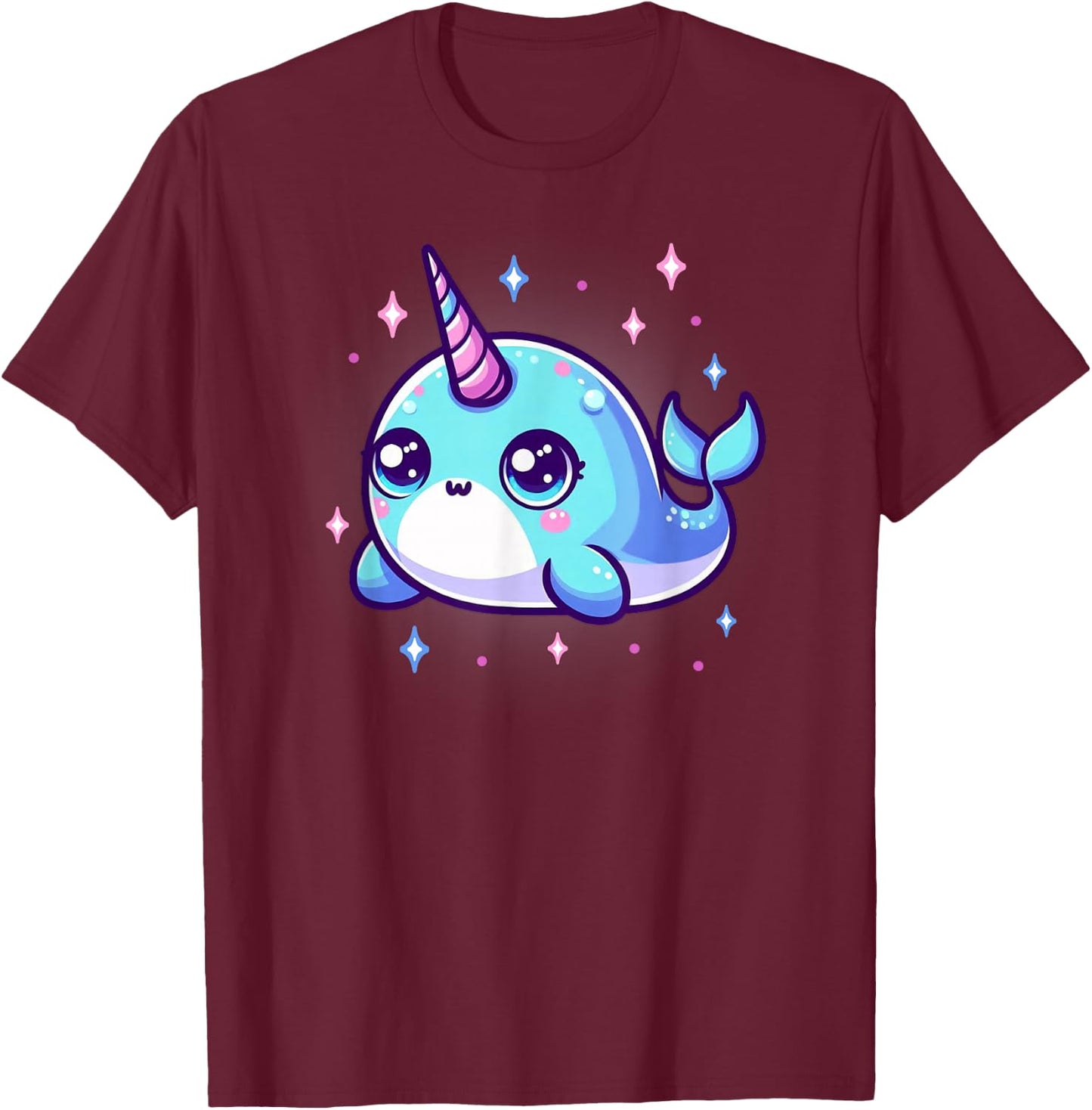 Cute Kawaii Narwhal Blue Pink Anime Sea Ocean Fun T-Shirt - T-Shirt | Maroon