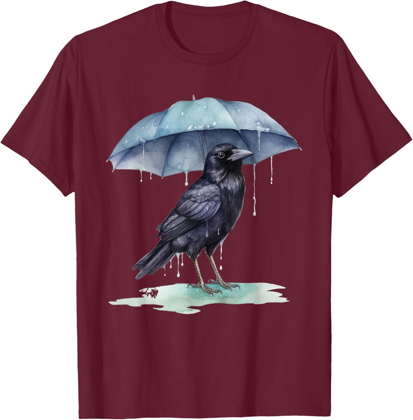 Raven Playing in the Rain With an Umbrella Novelty Apparel T-Shirt - T-Shirt | Maroon