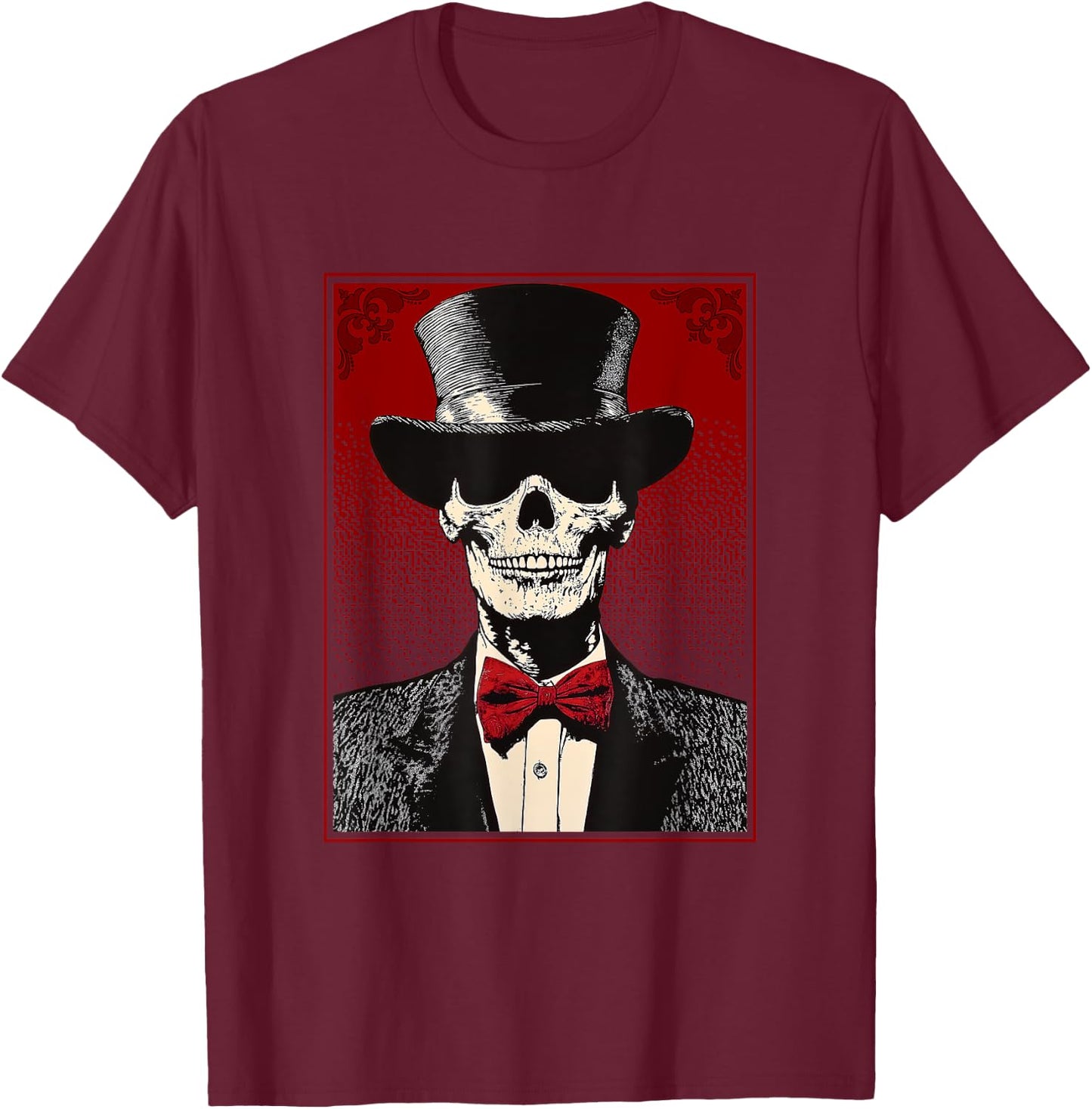 Skull in a Top Hat - Skeleton Wearing Hat and Tie T-Shirt - T-Shirt | Maroon