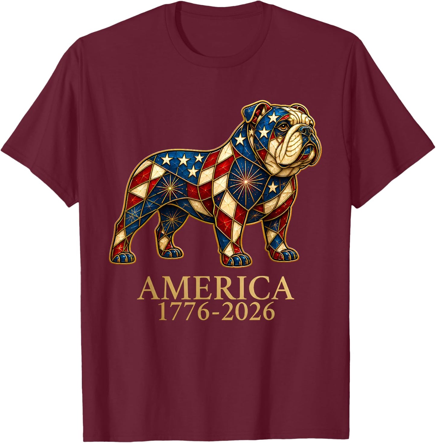 English Bulldog Mosaic America 1776-2026 4th of July Dog T-Shirt - T-Shirt | Maroon