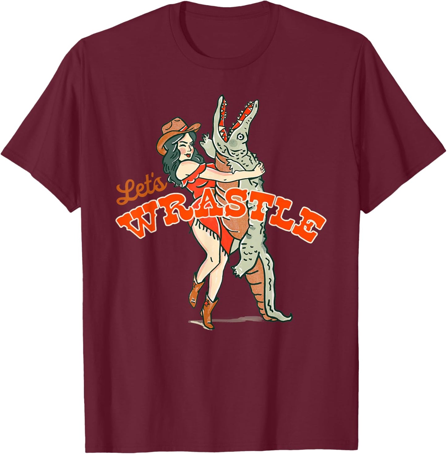 Let's Wrastle: New Orleans Bayou Cowgirl Alligator Wrestling T-Shirt - T-Shirt | Maroon