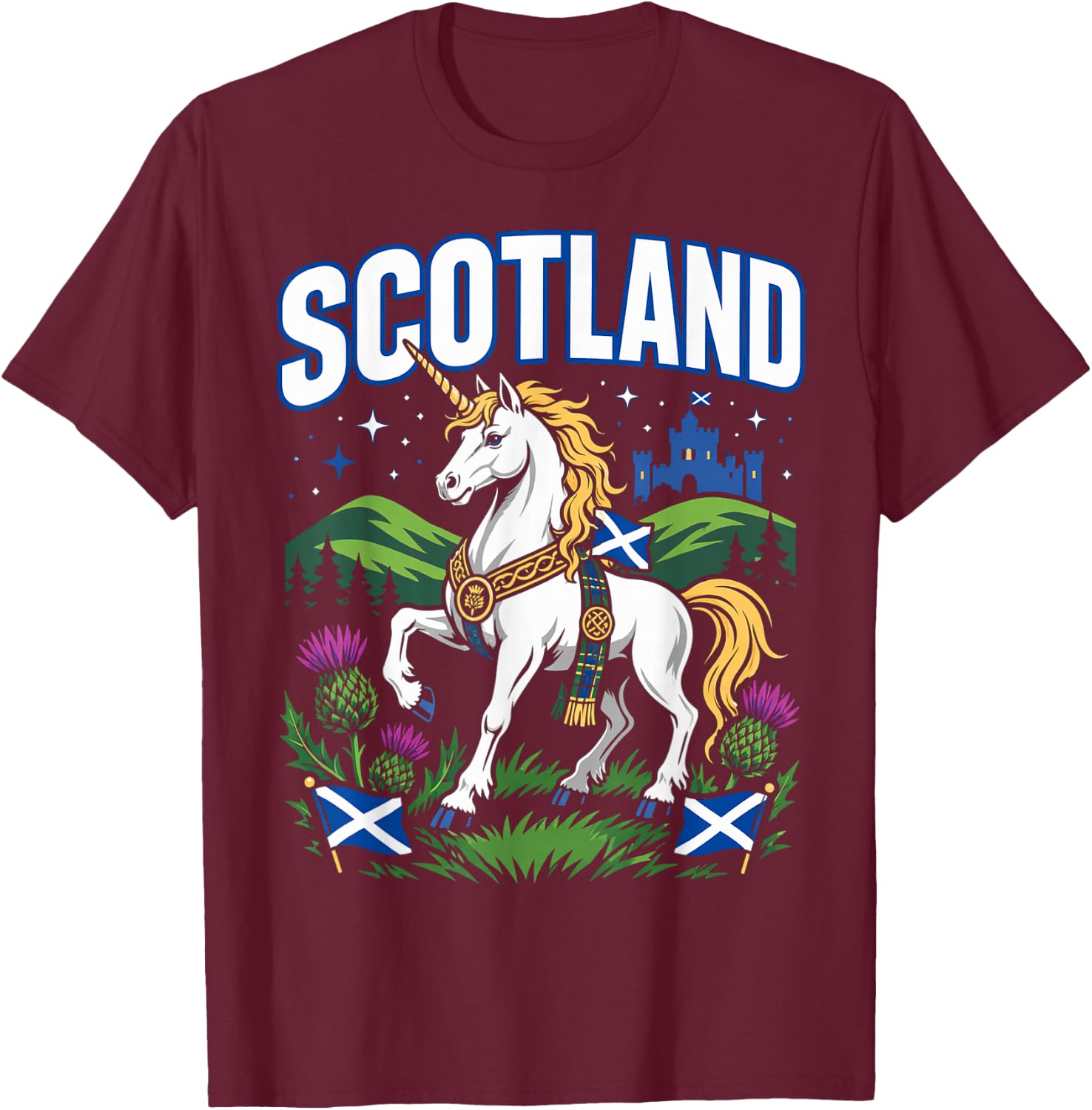Men Scottish Unicorn Flag Thistle T-Shirt - T-Shirt | Maroon