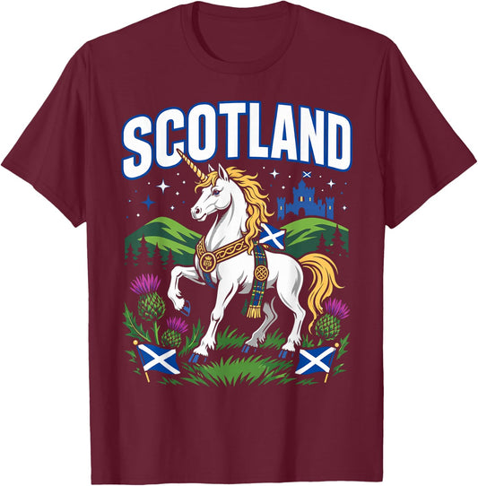 Men Scottish Unicorn Flag Thistle T-Shirt - T-Shirt | Maroon