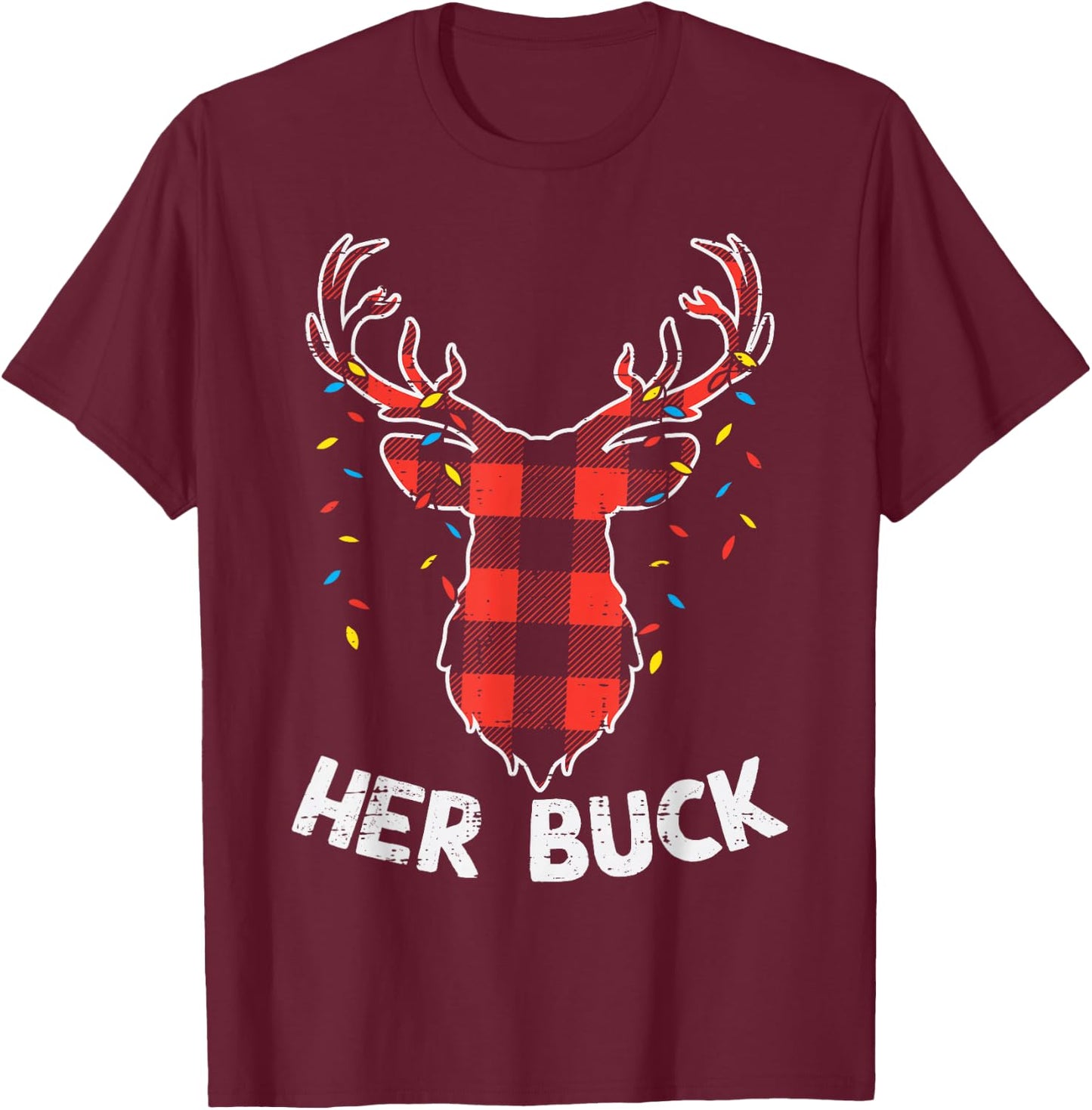 Plaid Reindeer Her Buck Matching Christmas Couple Men PJ T-Shirt - T-Shirt | Maroon