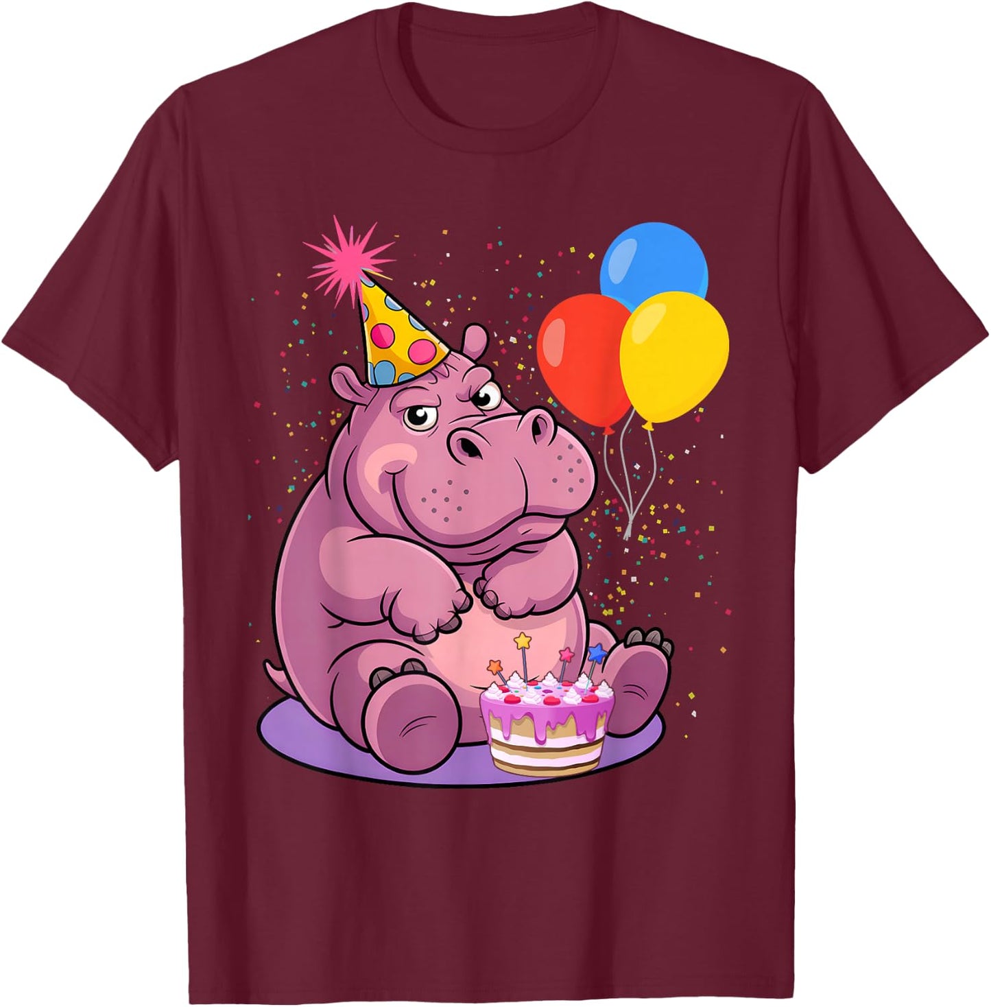 Hippo Wearing A Birthday Hat With Party Balloons Par T-Shirt - T-Shirt | Maroon