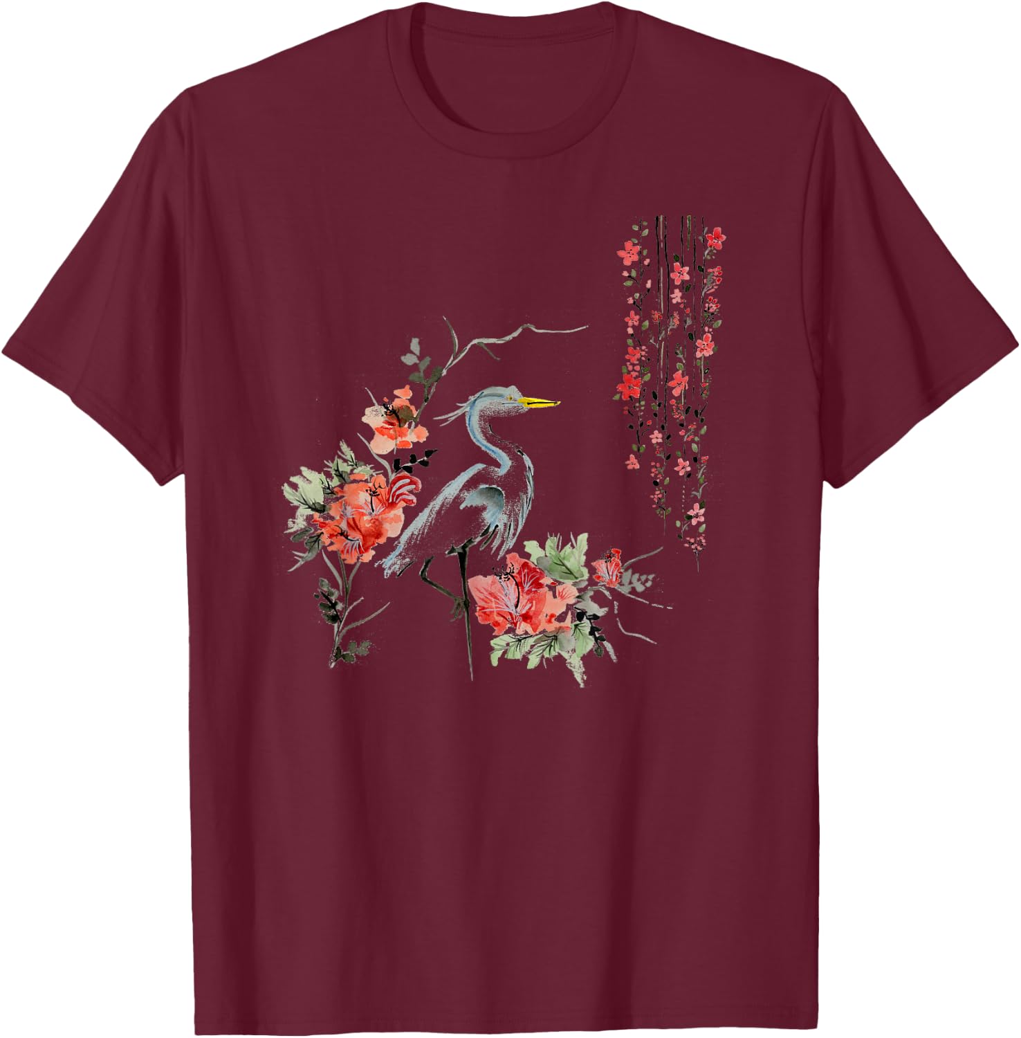 Japanese Art Crane Bird Garden Stylish Design T-Shirt - T-Shirt | Maroon