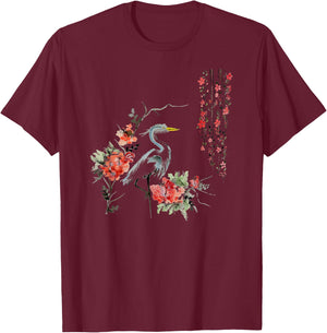 Japanese Art Crane Bird Garden Stylish Design T-Shirt - T-Shirt | Maroon