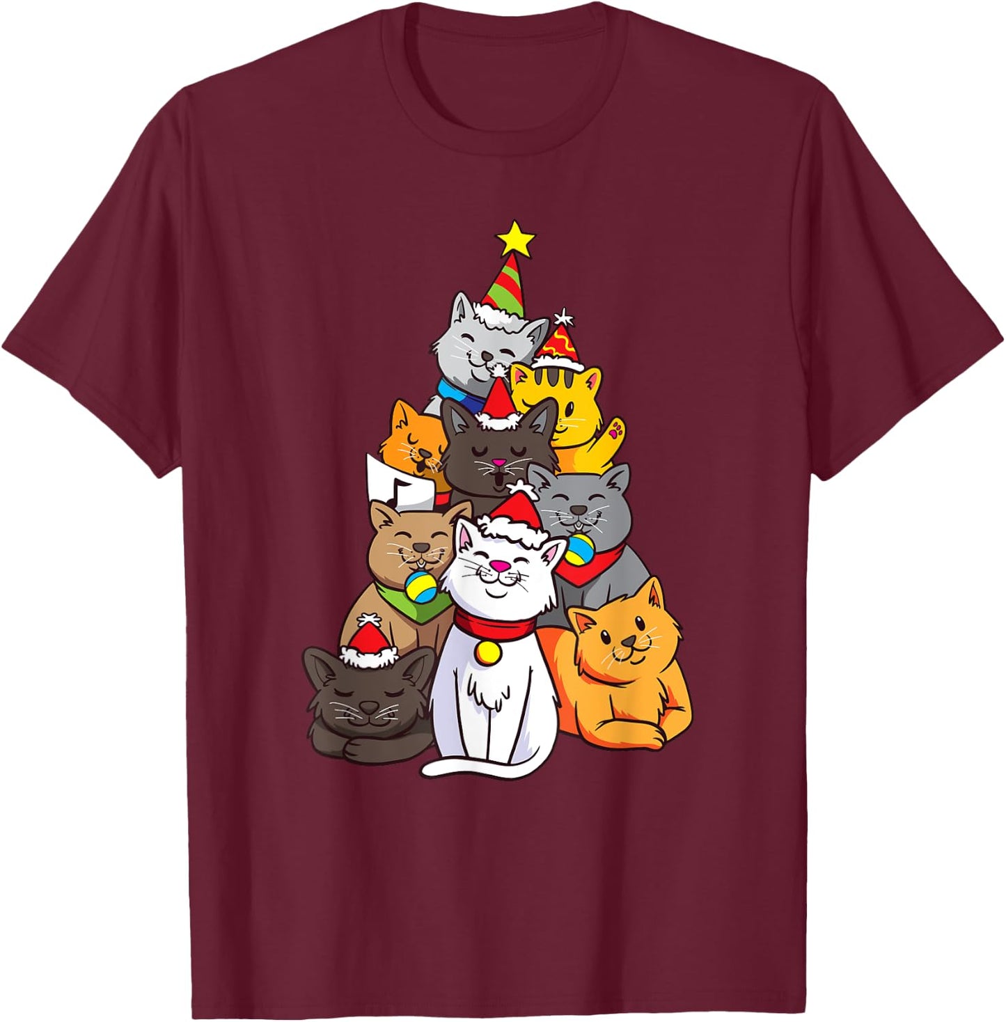 Cute Cat Tree Cats Kitten Christmas Christmas Tree T-Shirt - T-Shirt | Maroon